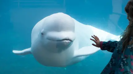 عکس پروفایل نهنگ سفید بلوگا در پشت شیشه های آکواریوم بزرگ 
