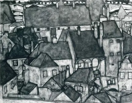 عکس نقاشی ادیت شده به رنگ سیاه و سفید شهر زرد اثر اگون شیله