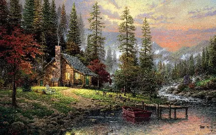 بک گراند نقاشی رنگ روغن منظره خانه شیروانی چوبی وسط جنگل