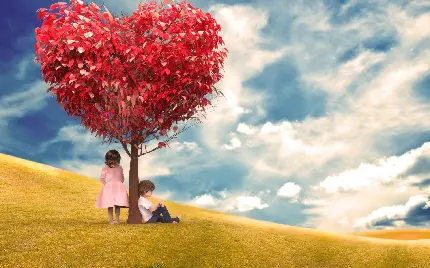 عکس دیجیتالی دختر و پسر کنار درخت قلبی مخصوص دلدادگان