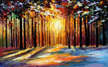 تابلو نقاشی رنگ روغن با طرح جنگل پر از درخت در کنار غروب