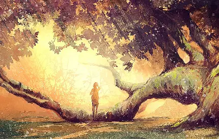 دانلود عکس پروفایل انیمیشنی دختری در کنار درخت غول پیکر