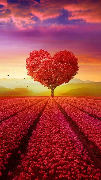 والپیپر فانتزی درخت قلبی در گلزار قرمز با آسمان رویایی