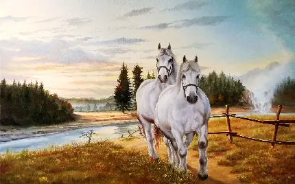 عکس تابلو نقاشی زیبا و هنرمندانه اسب های سفید در حال دویدن 