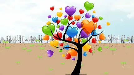 دانلود عکس زمینه دیجیتالی درخت رنگارنگ با برگ های قلبی