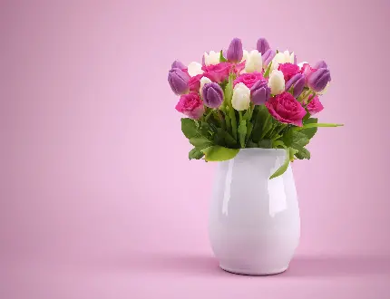 عکس گلدان سفید با گل های سفید و قرمز زیبا با زمینه صورتی 