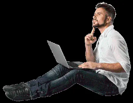 تصویر پی ان جی png مرد جوان در حال کار با لپ تاپ در حالت فکر کردن 