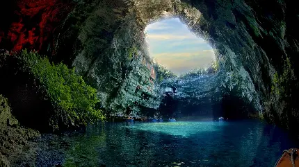 والپیپر دهانه غار تاریک و زیبا در دل زمین با زمینه ابی 