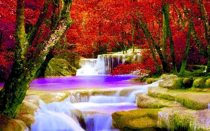 تصویر عجیب و دیدنی آبشار صورتی و بنفش در فصل پاییز با بهترین کیفیت 