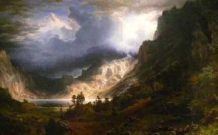 تصویر نقاشی منظره دریاچه وسط کوهستان با سبک رمانتیسم