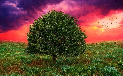 تصویر زمینه اچ دی و با جزئیات کامل از تک درخت سبز میان چمن ها