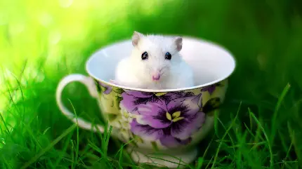 کیوت ترین و بامزه ترین عکس پروفایل موش همستر سفید ناز و ملوس در فنجان 