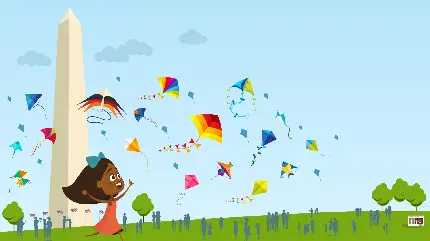 تصویر زمینه کارتونی و گرافیکی دختربچه در جشن پرواز بادبادک ها 