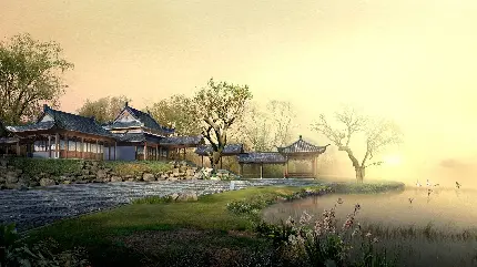 زمینه خانه چینی هنگام غروب آفتاب با بهترین کیفیت