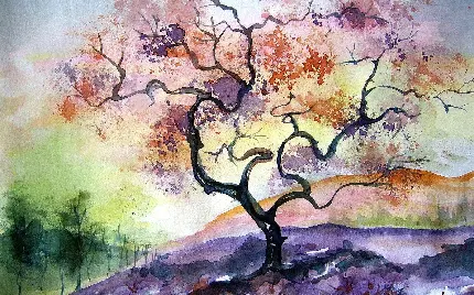 شگفت انگیزترین عکس زمینه نقاشی انتزاعی تک درخت روی تپه