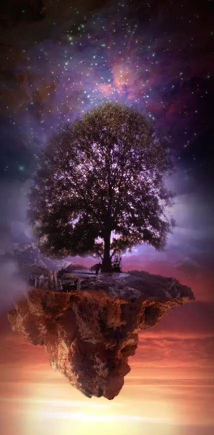 بک گراند درخت جهان در جزیره ای معلق زیر آسمان پرستاره شب