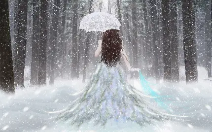 عکس دختر با لباس خوشگل عروس با چتر برفی در زمستان 