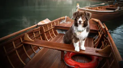 والپیپر شیک و خاص سگ پشمالو زل زده به دوربین در قایق چوبی باکیفیت HD