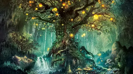 منظره انیمیشنی درخت جهان پر زرق و برق در کنار آبشار