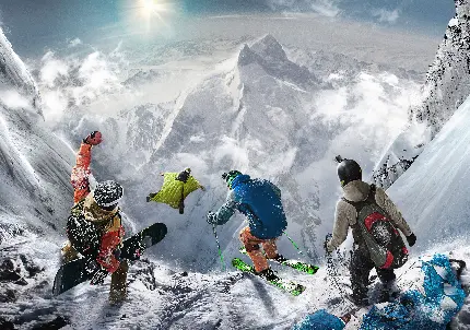 عکس کوهستان برفی زیبا و ورزشکاران در حال آماده شدن برای پرواز