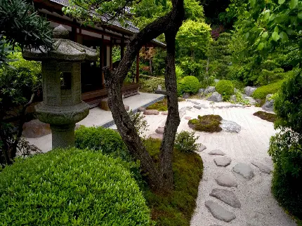 عکس خانه چینی با باغ تزئین شده توسط درخچه های بونسای