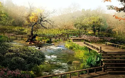 عکس منظره تماشایی درختان بونسای کاشته شده در کنار رودخانه