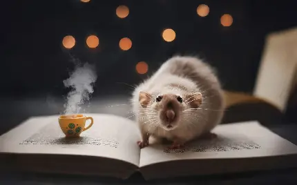 دانلود عکس پروفایل کیوت و بامزه موش گوگولی در حال کتاب خواندن و چای خوردن 