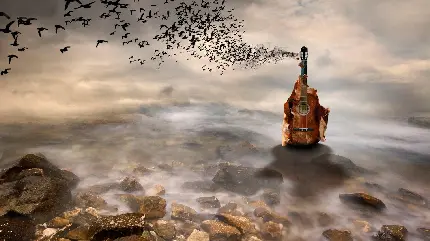 عکس کاورهایلایت فتوشاپی رویایی دابل اکسپوژر پرواز گروهی کلاغ های زاغ سیاه برفراز گیتار در دریاچه ی نیلگون