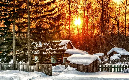 Wallpaper نقاشی دیجیتالی فصل زمستان بی نظیر هنگام غروب آفتاب