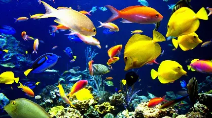 ماهی های رنگارنگ و صخره های مرجانی در کف اقیانوس 