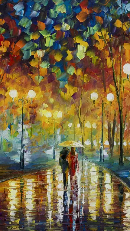 والپیپر نقاشی رنگ روغن ساده پیاده روی در روز بارانی پاییزی
