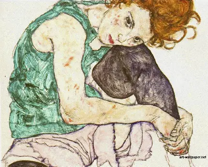 تصویر زنی نشسته با پاهای کشیده با موهای قهوه ای از اثار اگون شیله