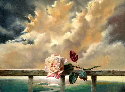 عکس رمانتیک گل رز روی نرده های چوبی با زمینه آسمان ابری
