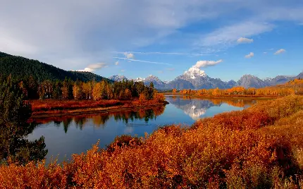خاص ترین عکس زمینه پاییزی دریاچه در کنار کوه های بلند 