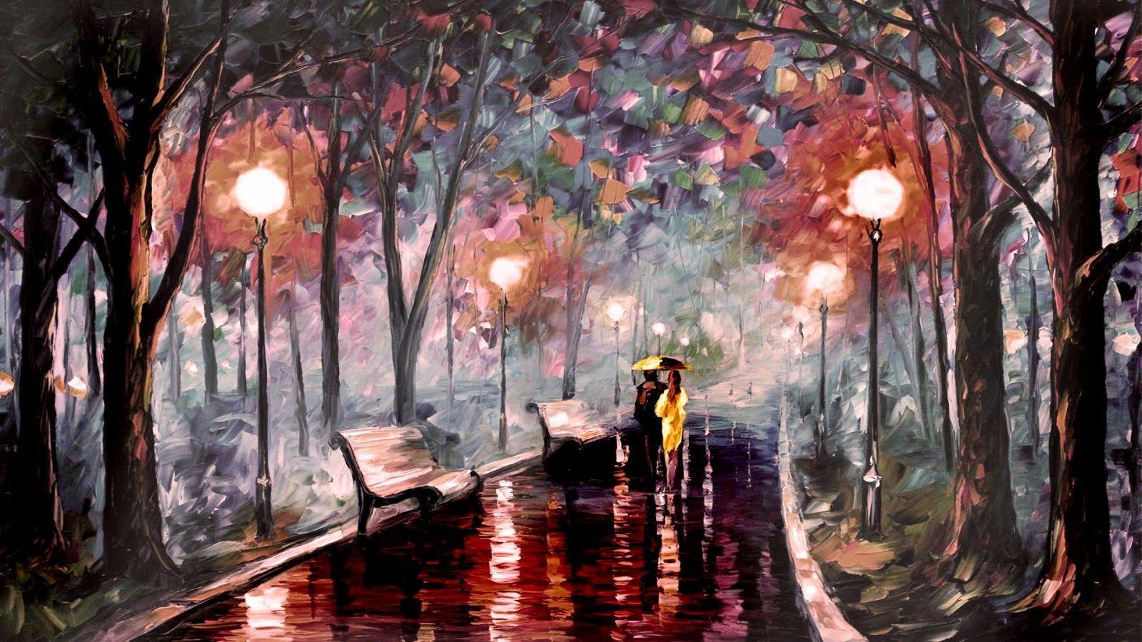 عکس زمینه زن و مردی عاشق با یک چتر در نقاشی سبک رمانتیسم