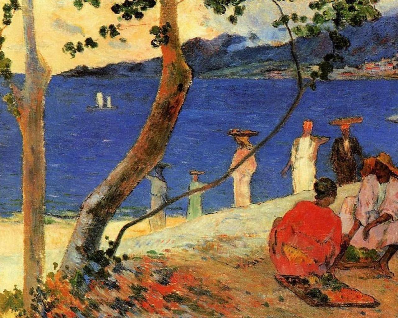 عکس نقاشی لب دریا sea shore از پل گوگن هنرمند مشهور فرانسوی 