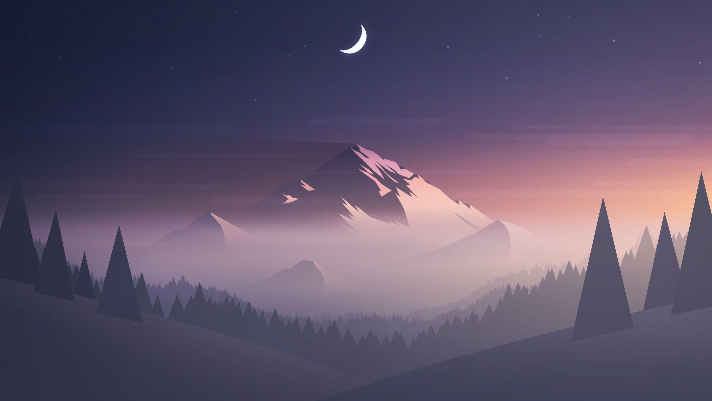 تصویر استوک هلال ماه در اسمان شب کوه و جنگل سبک مینیمال