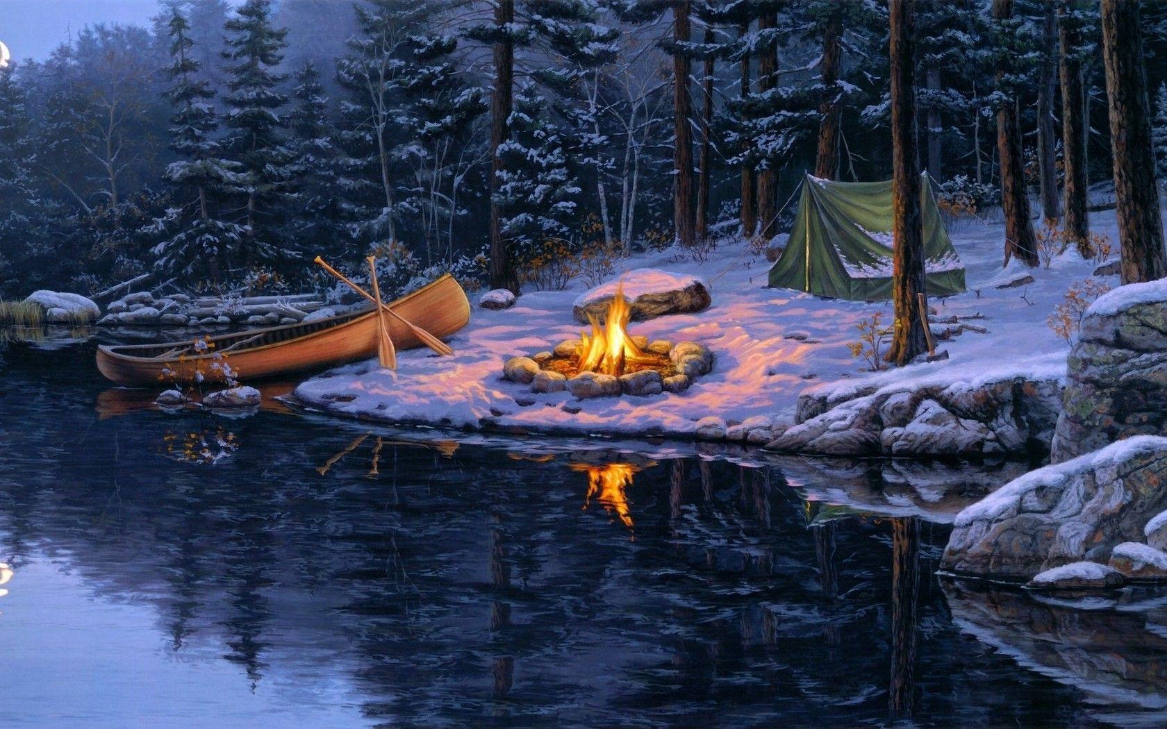 Background دریاچه هنگام زمستان و سفید پوش شدن زمین 