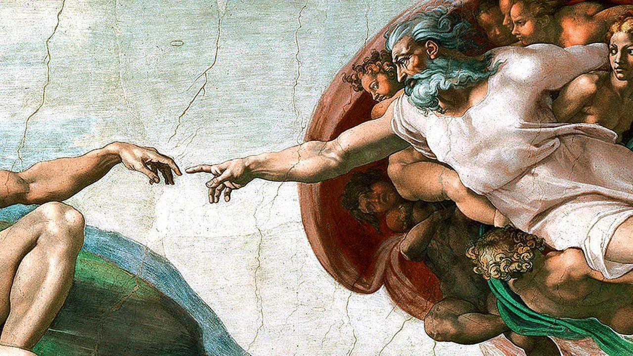 دانلود عکس فراسکو یا دیواره نگاره نقاشی آفرینش آدم اثر معمار و نقاش ایتالیی میکل آنژ