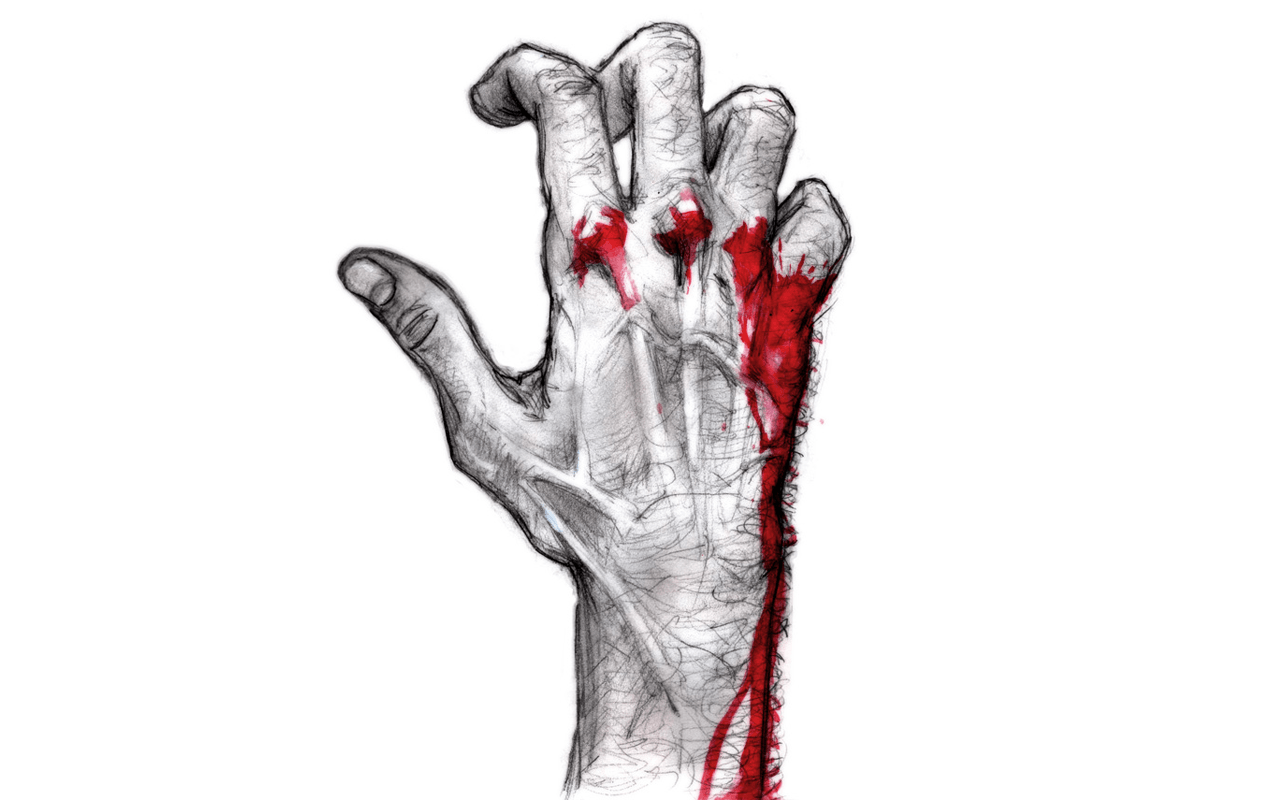تصویر گرافیکی دست خونی با زمینه سفید طراحی شده توسط هوش مصنوعی‌