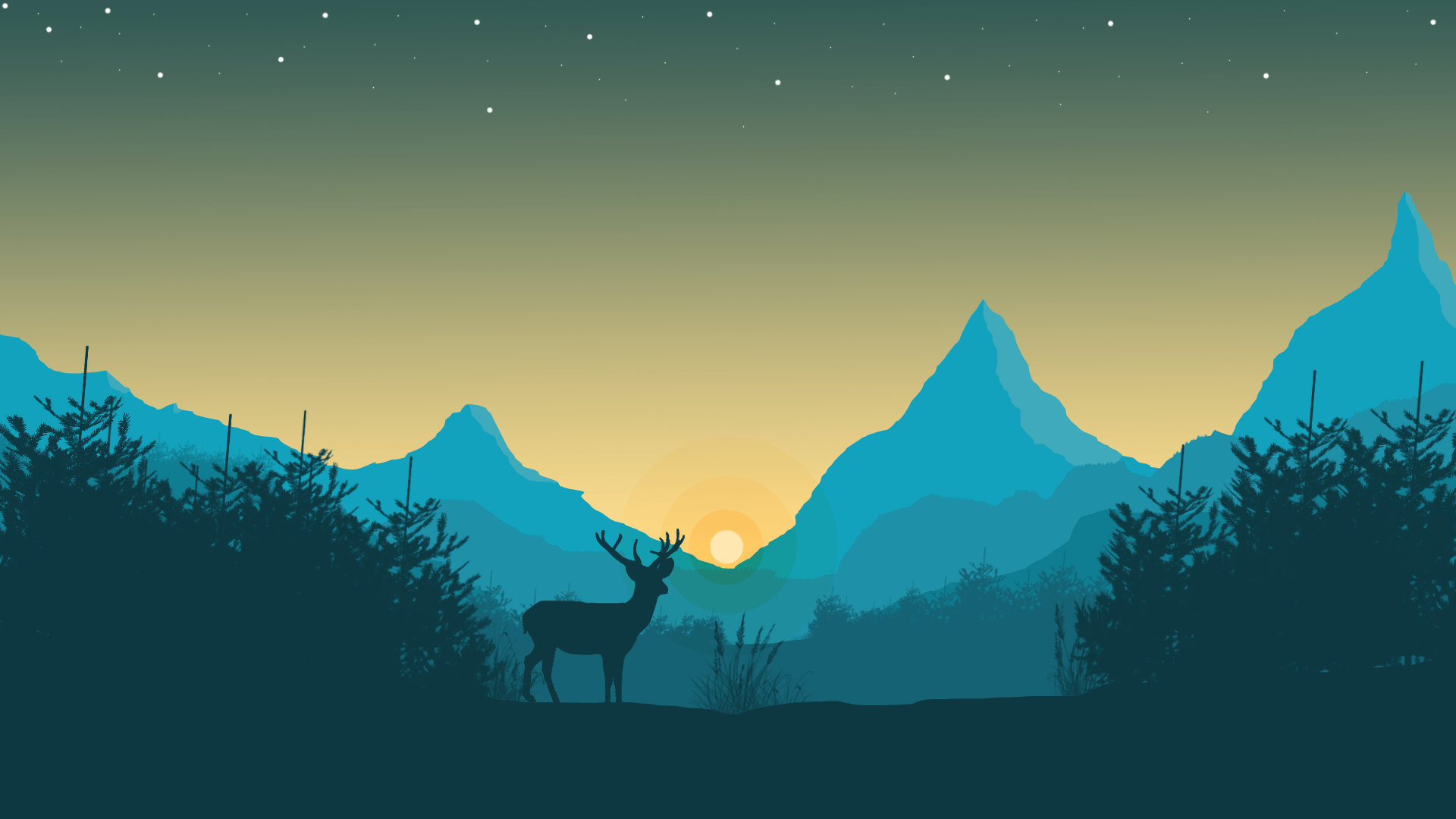 Wallpaper گوزن در جنگل سبک مینیمالیست در اسمان شب و پرستاره Wallpaper گوزن در جنگل سبک مینیمالیست در اسمان شب و پرستاره