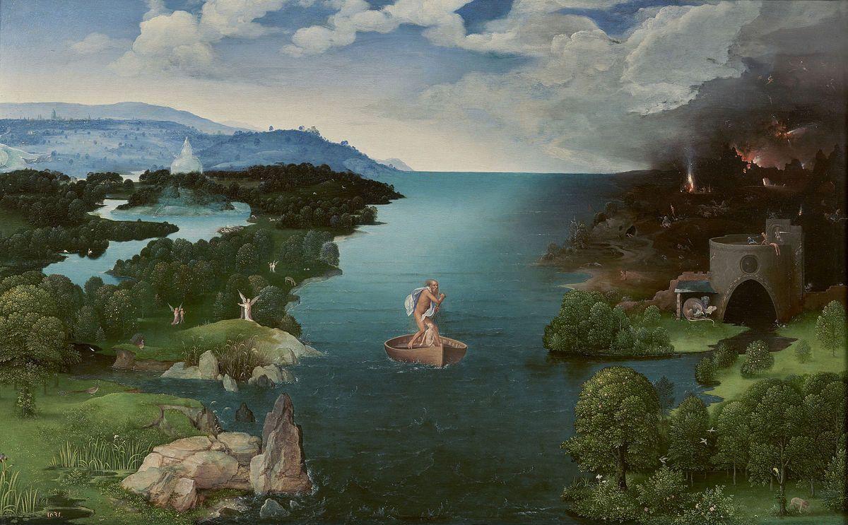 عکس نقاشی سبک رمانتیسم از مردی برهنه در قایق درون رودخانه