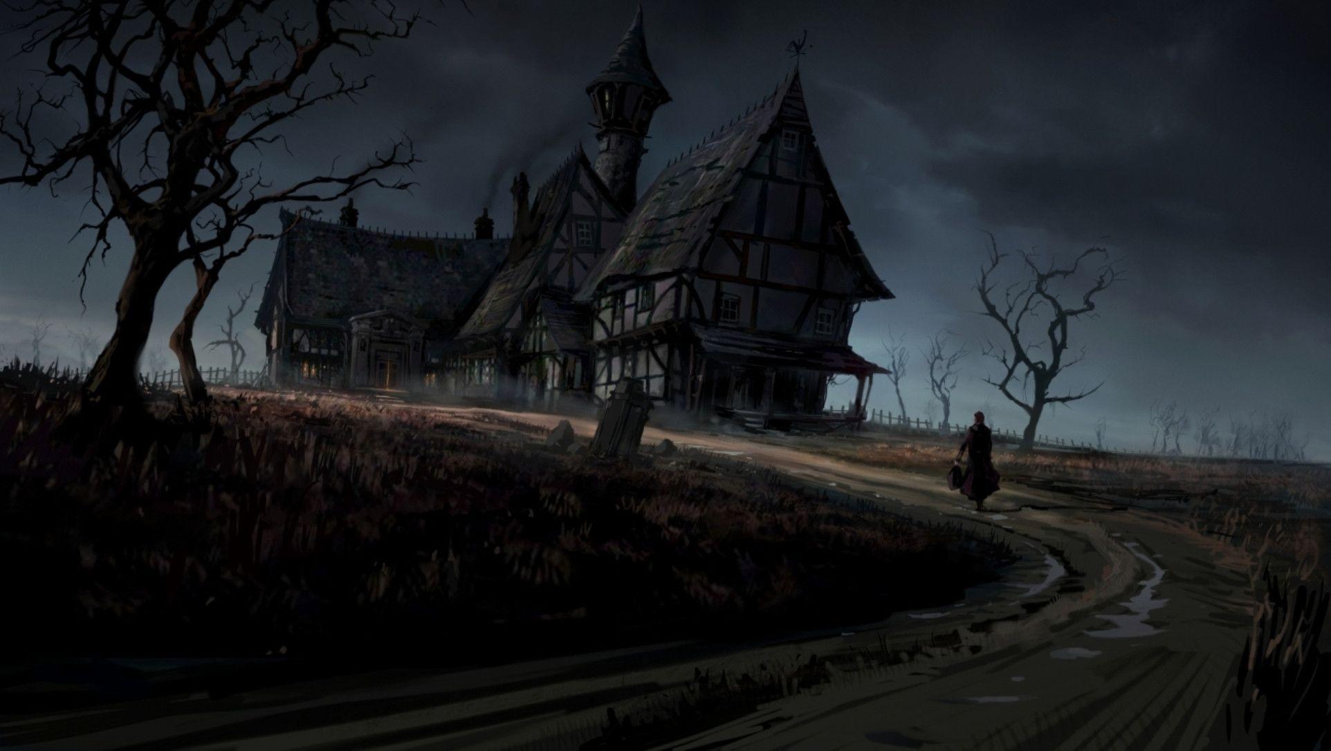 نقاشی ترسناک خانه های چوبی در میان دشت به سبک گوتیک