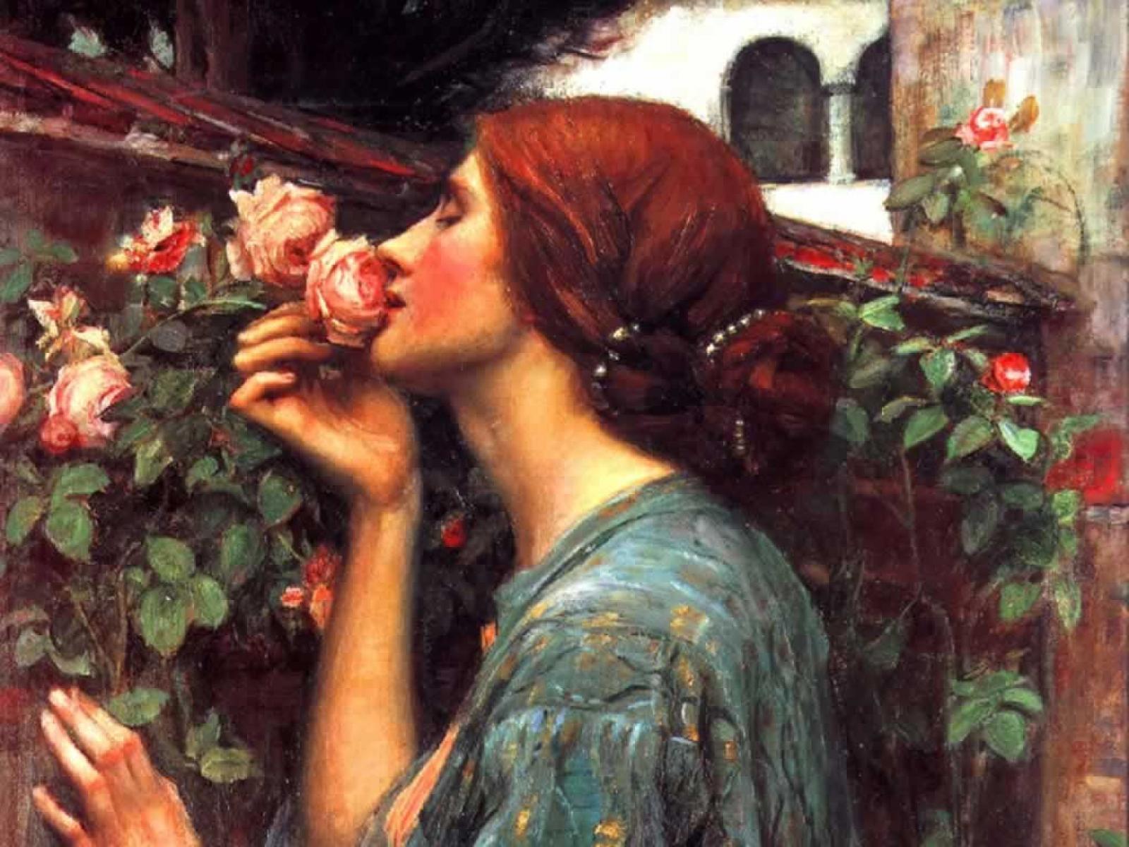عکس نقاشی سبک رمانتیسم از بانویی درحال بوییدن گل ها 
