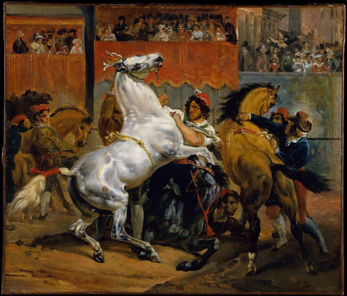نقاشی سبک رمانتیسم از نزاع و درگیری همراه اسب ها 