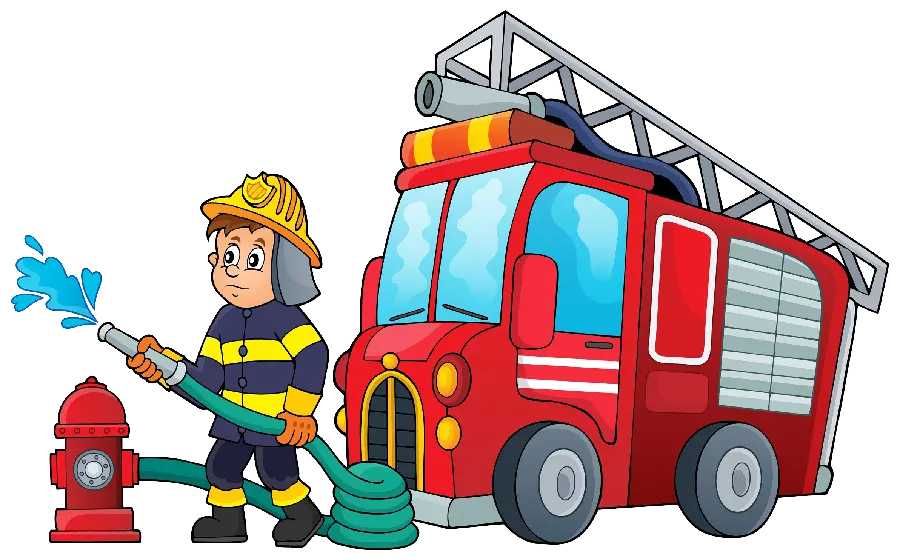 عکس کارتونی ماشین آتش نشانی در حال کمک رسانی و امداد