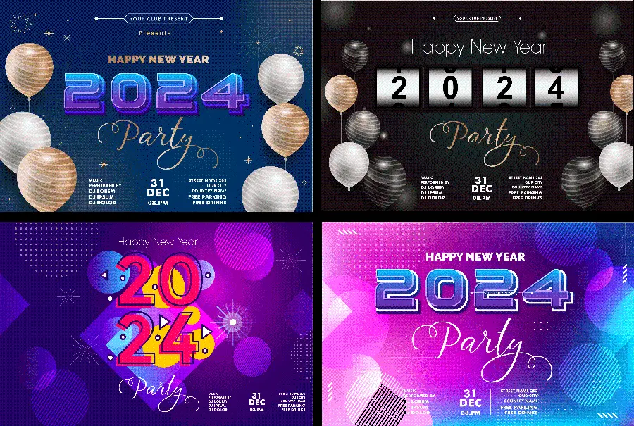چند طراحی زیبا از سال جدید 2024 در یک قاب و کادر