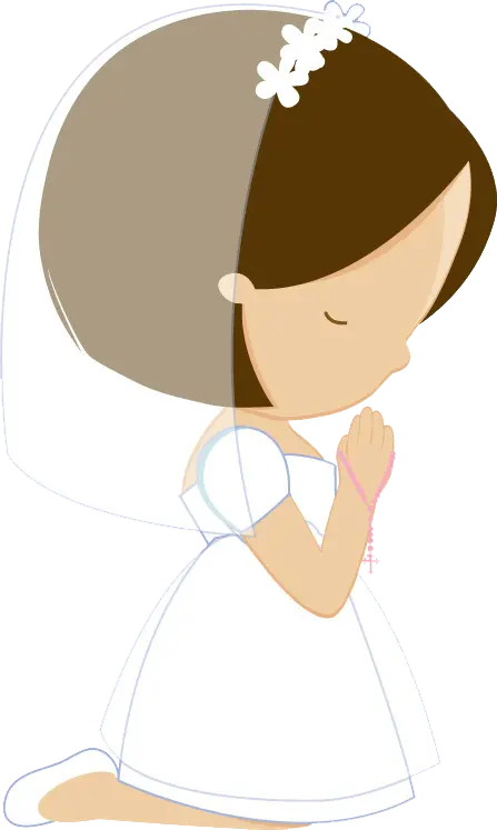 دختر بچه کارتونی با لباس پرنسسی سفید در حال دعا کردن