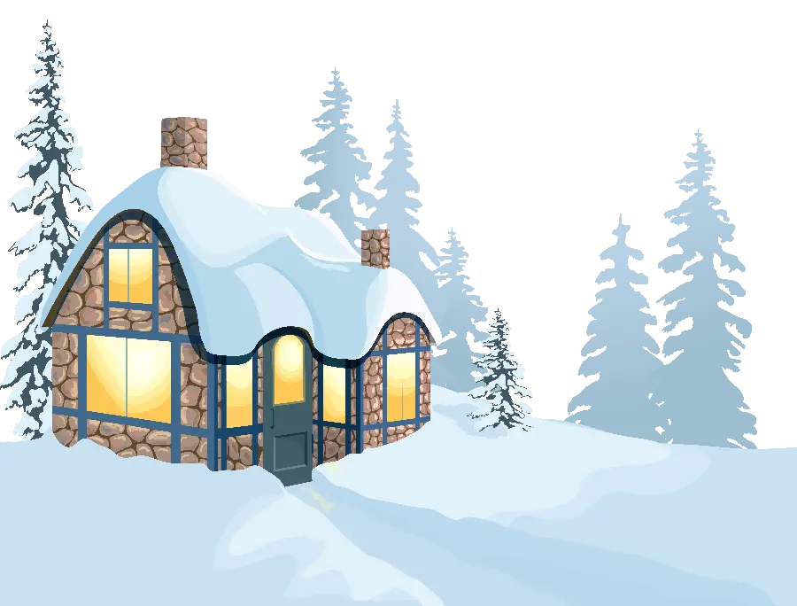 دانلود رایگان عکس PNG پی ان جی انیمیشنی خانه و درخت برفی و سفیدپوش 