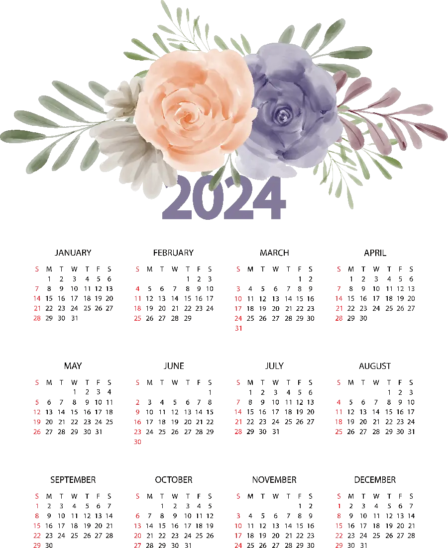 عکس از تقویم سال نوی میلادی 2024 با گل های خوشگل بالای صفحه